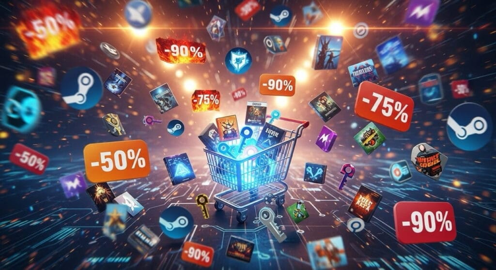Cómo Nació Steam: La Plataforma por Excelencia de Videojuegos Online 6 Escena dinámica de rebajas de Steam con íconos de juegos y descuentos flotantes alrededor de un carrito de compras digital, representando la emoción de las ofertas