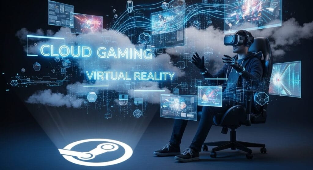 Cómo Nació Steam: La Plataforma por Excelencia de Videojuegos Online 7 Jugador inmerso en realidad virtual con elementos de computación en la nube y el logo de Steam proyectado, sugiriendo el futuro del gaming y la RV.