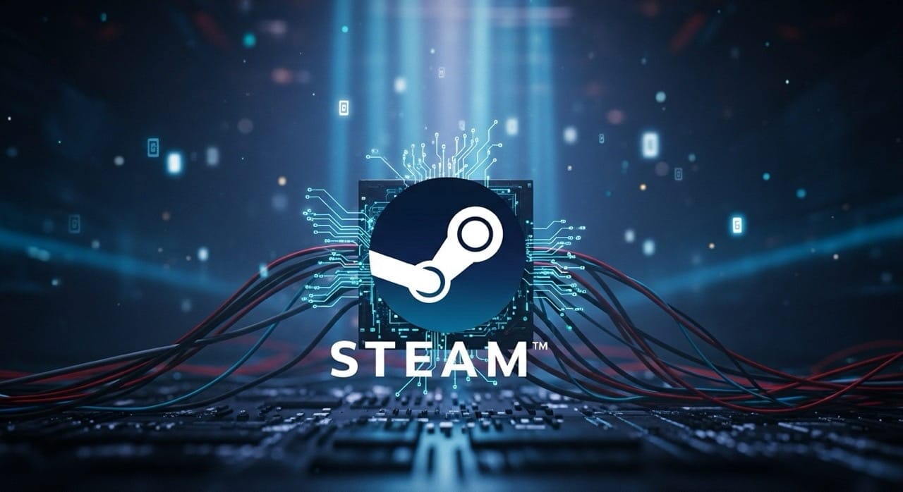 Logo de Steam emergiendo de una red de circuitos y cables retrofuturistas, simbolizando la revolución digital de los videojuegos.