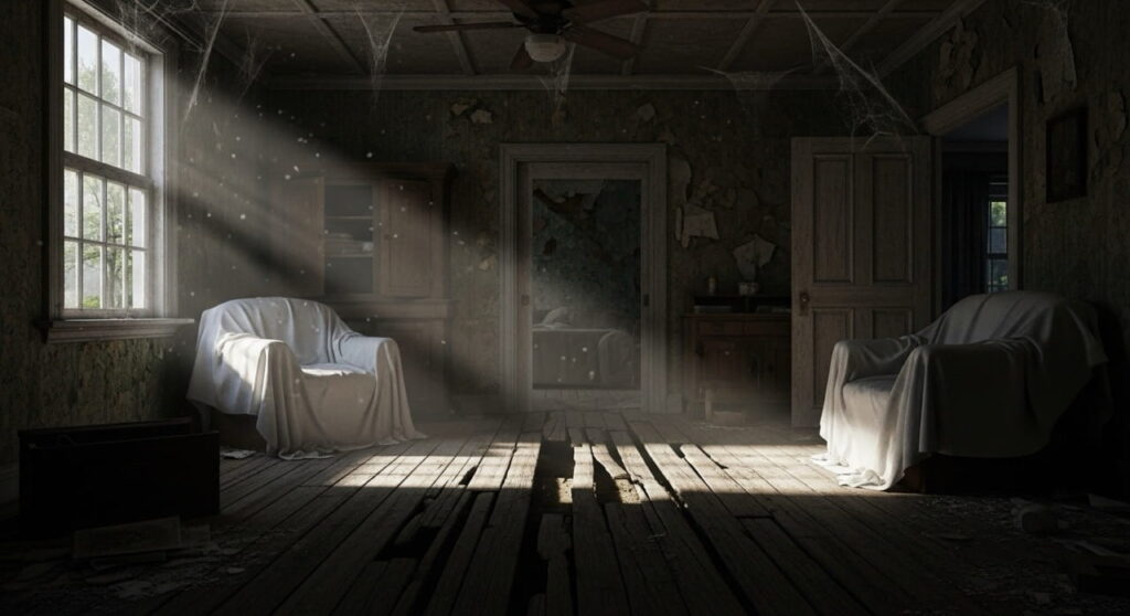 Horror ambiental: el miedo sin fantasmas en auge 2 Interior de una casa abandonada que sugiere horror ambiental