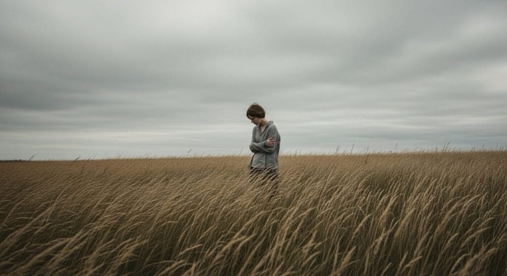 Horror ambiental: el miedo sin fantasmas en auge 4 Joven solo en campo largo bajo cielo gris ilustrando horror ambiental