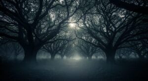 La Escala de Kardashov: ¿Qué Tipo de Civilización Dominará el Universo? 19 Portada del artículo sobre horror ambiental: camino forestal iluminado por luna que transmite tensión