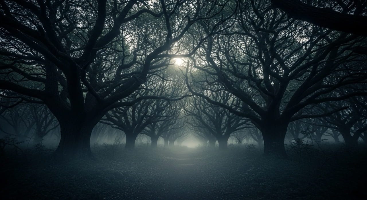 Portada del artículo sobre horror ambiental: camino forestal iluminado por luna que transmite tensión