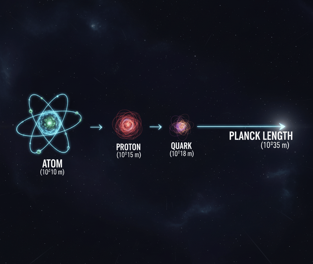 Longitud de Planck: ¿Cuál es la medida más pequeña del Universo? 2 Infografía comparando el tamaño de un átomo con la diminuta Longitud de Planck.