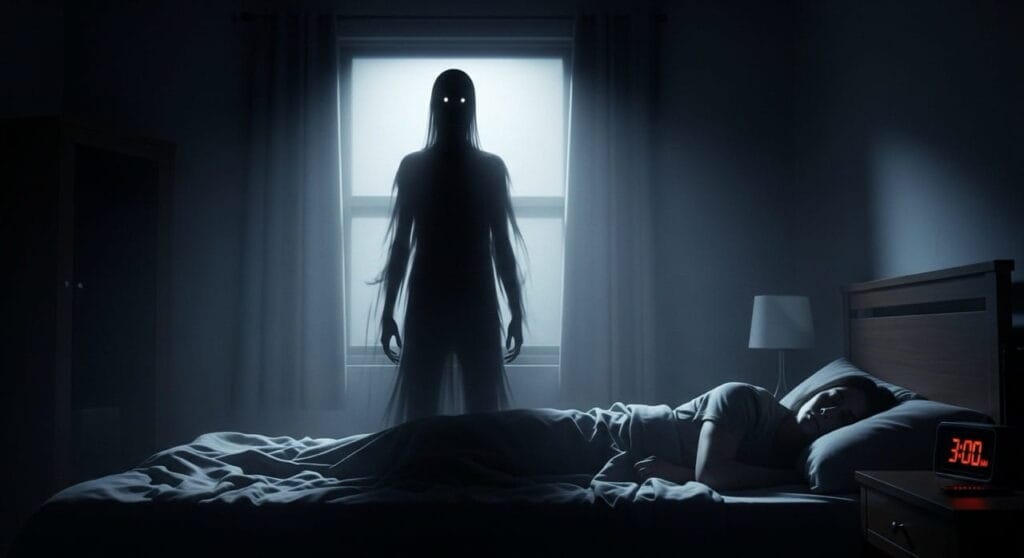 Parálisis del sueño y Lovecraft: cuando la ciencia se vuelve terror cósmico 4 Figura sombría junto a la cama durante la parálisis del sueño.