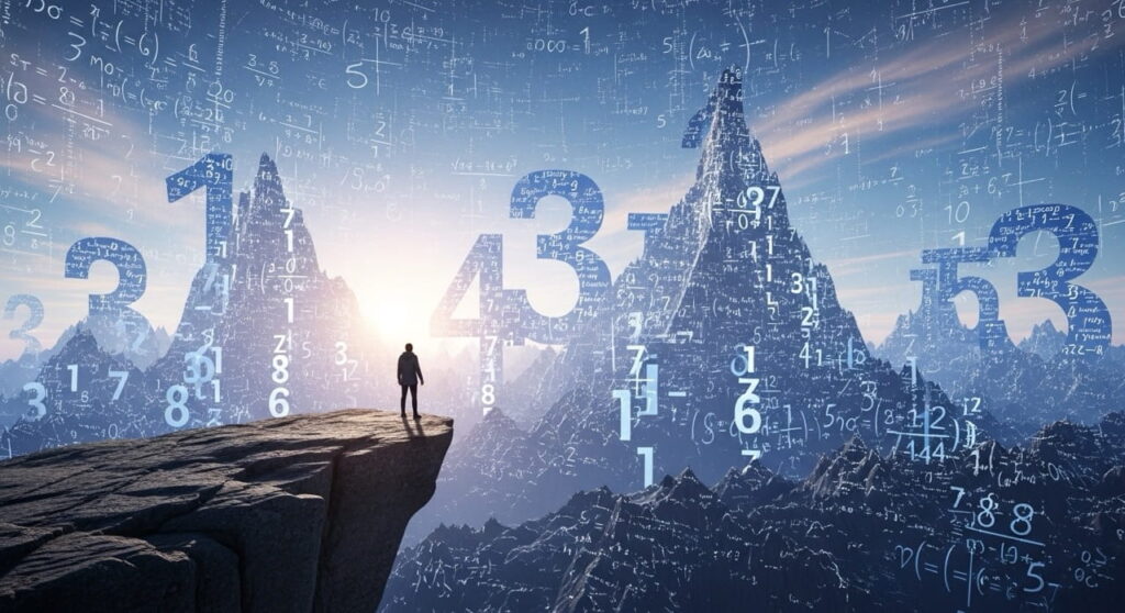Tu existencia es un milagro: ¿más improbable que ganar la lotería? 7 Una persona observando un paisaje de números imposibles, representando la probabilidad casi nula que fue superada para que tu existencia es un milagro.
