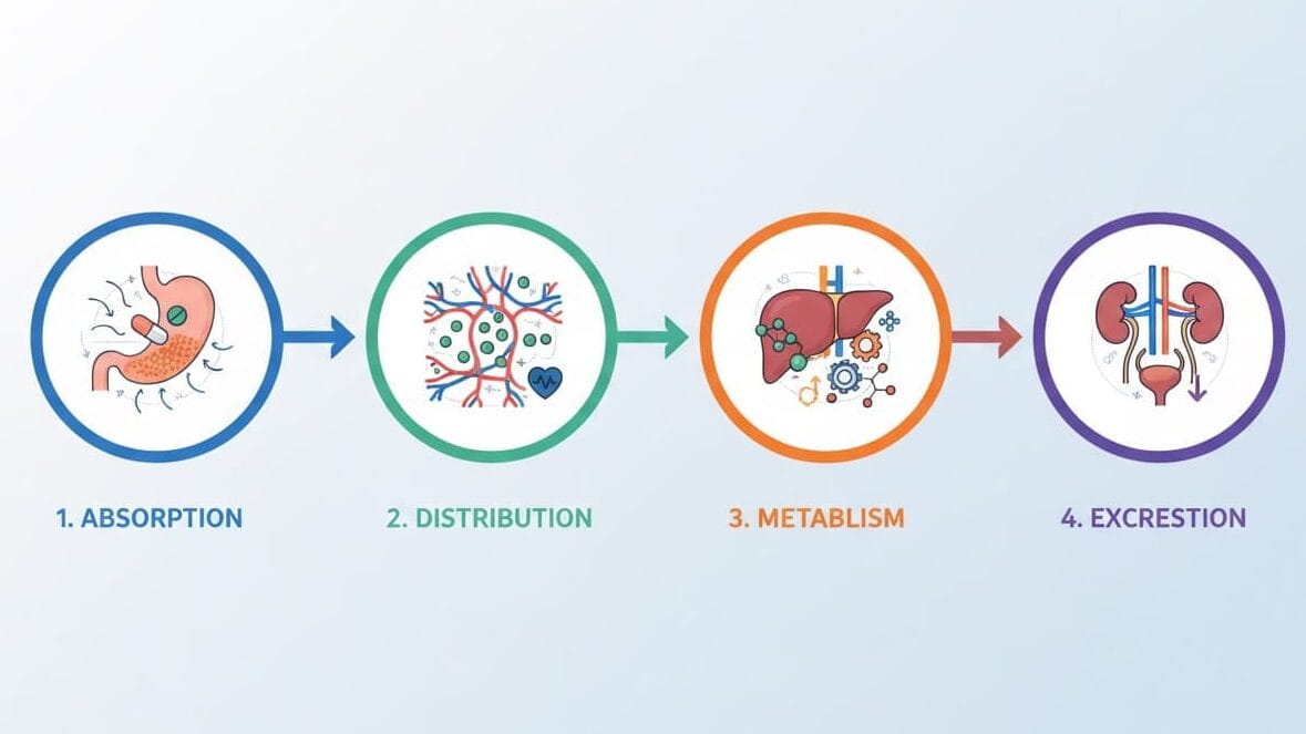 Diagrama ADME que explica el viaje de los fármacos en el cuerpo, parte de cómo funcionan los medicamentos.