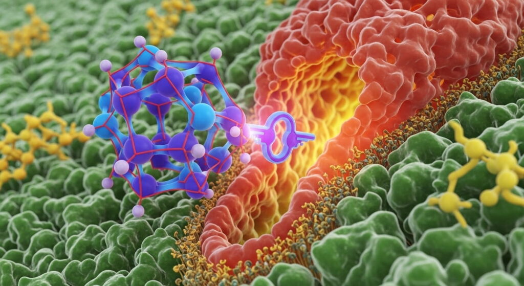 Visualización 3D de un receptor celular y una molécula, clave para entender cómo funcionan los medicamentos.