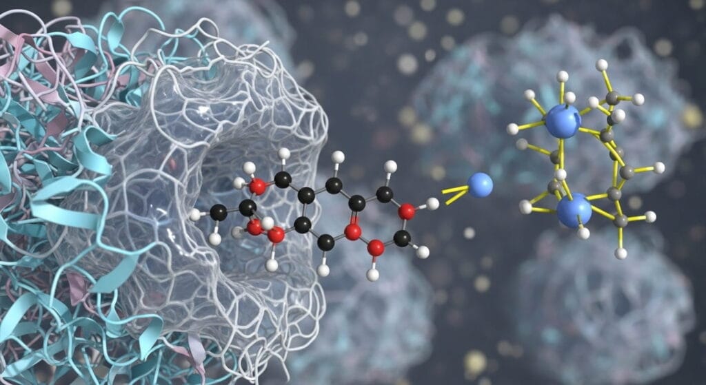 Un inhibidor de enzima bloqueando un sitio activo, un mecanismo de cómo funcionan los medicamentos como el ibuprofeno.
