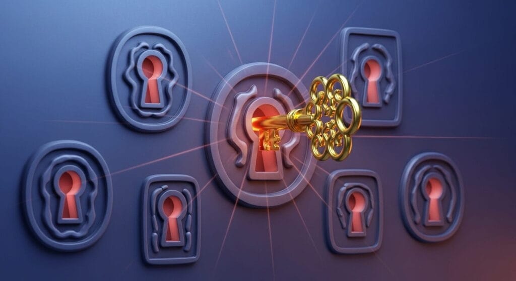 Una molécula de fármaco intentando unirse a múltiples receptores, explicando los efectos secundarios de cómo funcionan los medicamentos.