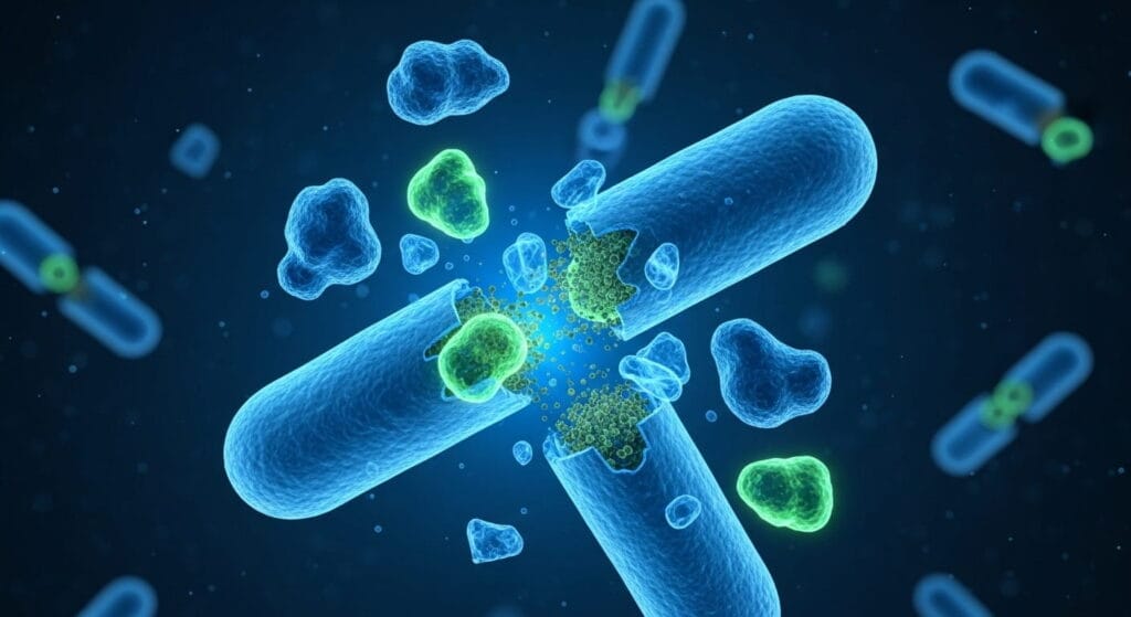 Micrografía de antibióticos destruyendo bacterias, un ejemplo de cómo funcionan los medicamentos específicos.