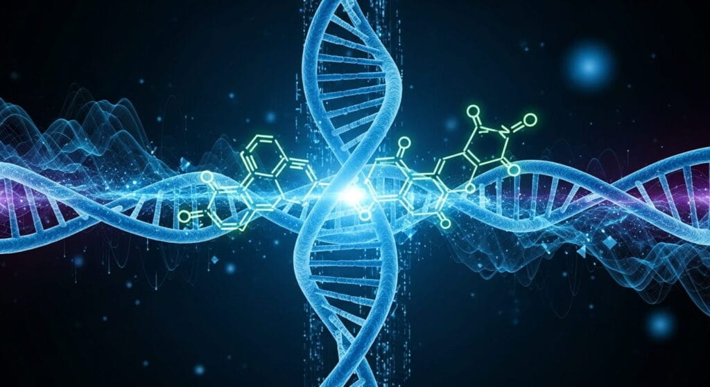 Arte conceptual de medicina personalizada y ADN, el futuro de cómo funcionan los medicamentos.