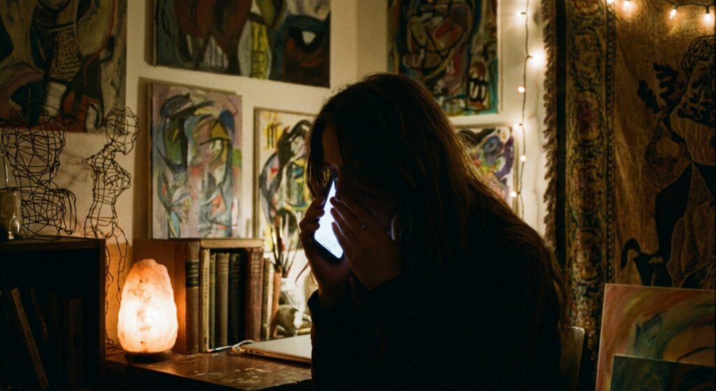 ¿Tu smartphone te escucha? La verdad tras el mito 7 Persona susurrando a su smartphone en un entorno oscuro y artístico