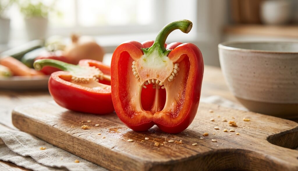 Pimiento rojo cortado con expresión de grito gracioso