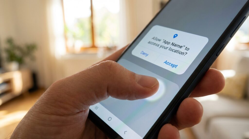 ¿Tu smartphone te escucha? La verdad tras el mito 4 Persona aceptando permisos de aplicación en un smartphone