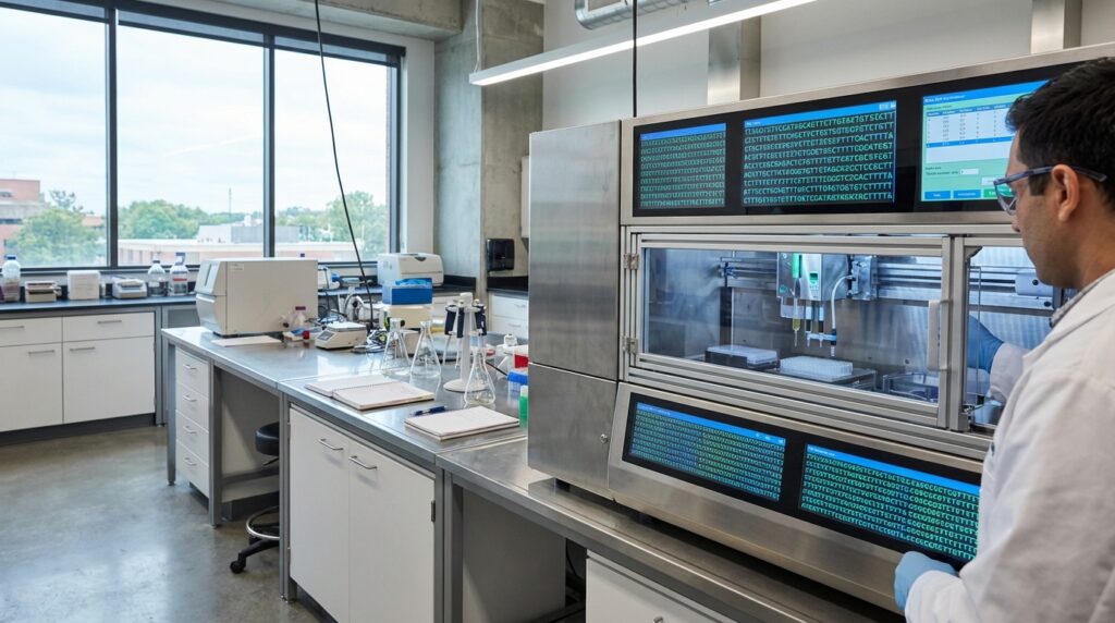 Máquina de síntesis de ADN en un laboratorio moderno