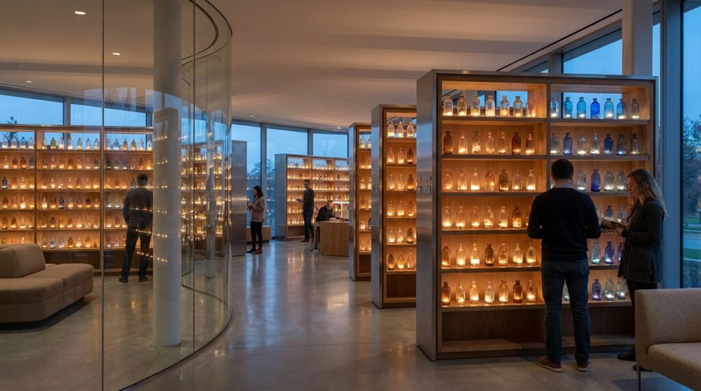 Biblioteca futurista con viales de ADN