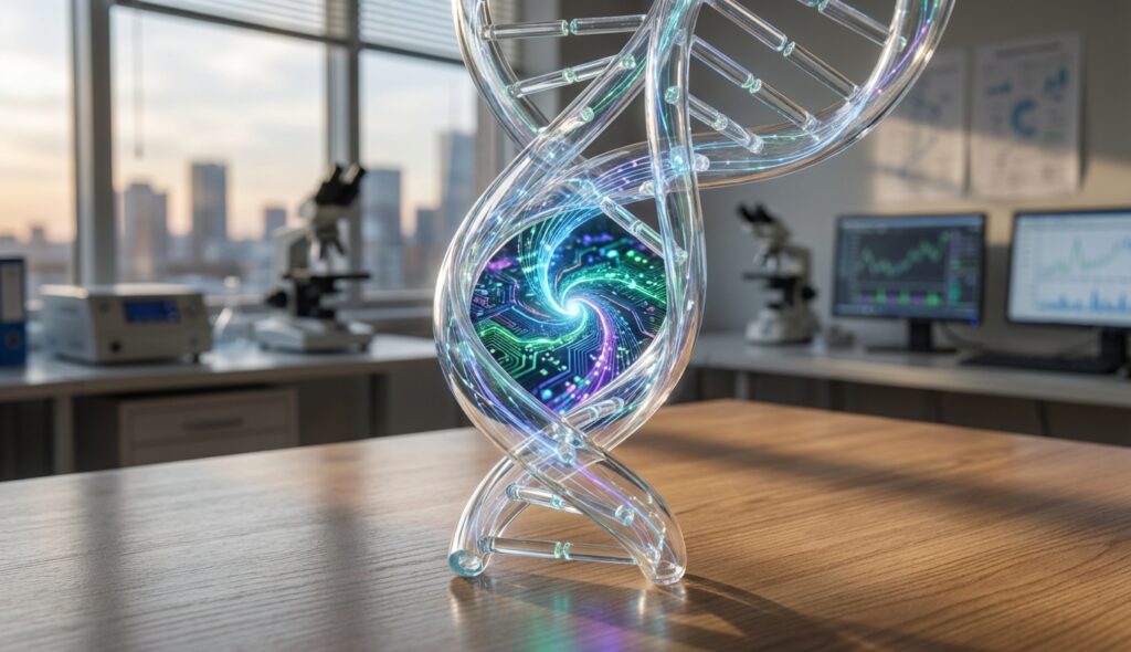 Infografía artística de datos digitales convirtiéndose en ADN