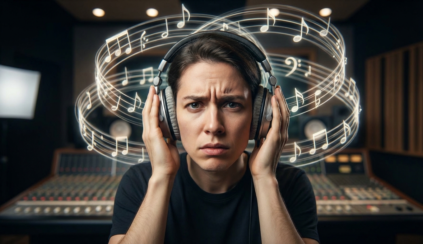 Persona frustrada con notas musicales volando alrededor de su cabeza. Emulando canciones pegajosas.