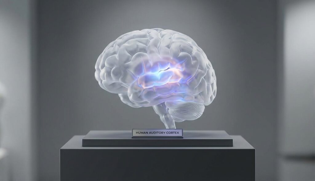 Canciones pegajosas: ¿Por qué no salen de tu cabeza? 3 Ilustración médica de la corteza auditiva brillando dentro del cerebro humano