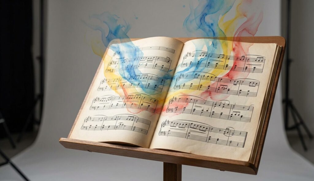 Canciones pegajosas: ¿Por qué no salen de tu cabeza? 4 Partitura musical con patrones abstractos y coloridos saliendo del papel