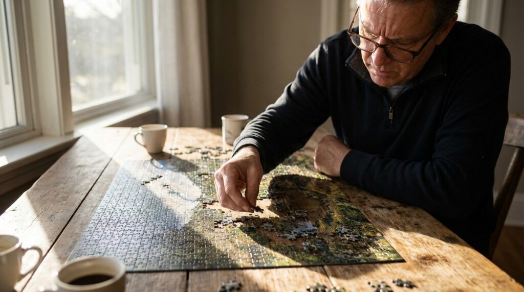 Canciones pegajosas: ¿Por qué no salen de tu cabeza? 6 Persona concentrada resolviendo un rompecabezas complejo en una mesa de madera