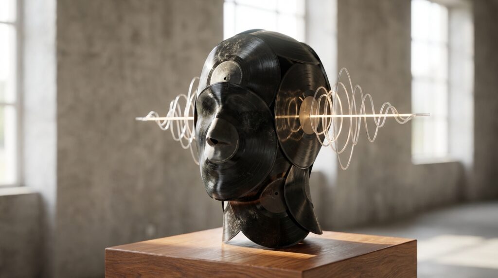 Canciones pegajosas: ¿Por qué no salen de tu cabeza? 7 Cabeza humana estilizada hecha de discos de vinilo y ondas musicales