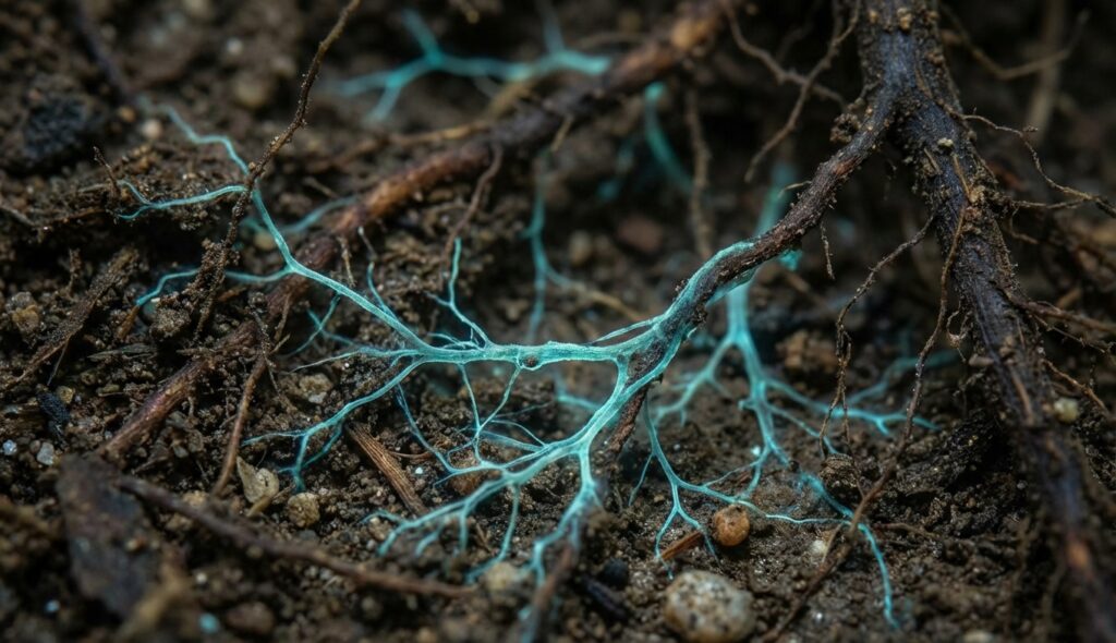 Micelio conectando raíces de árboles bajo el suelo. Hongos conectan árboles