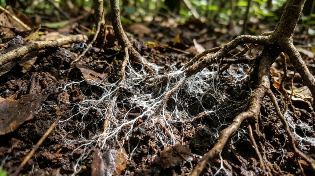 Red de micelio subterráneo conectando diferentes especies de plantas