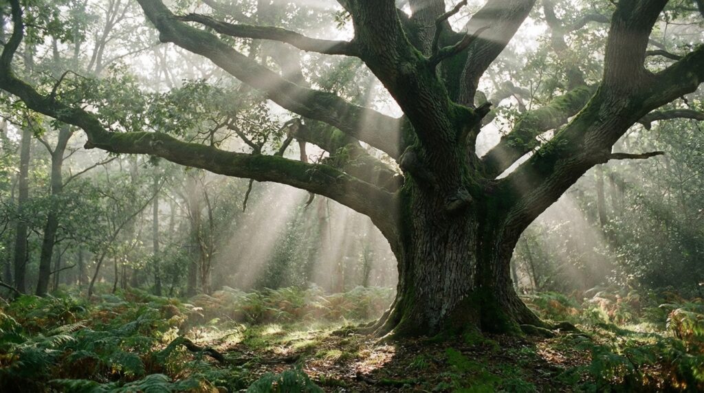 Un árbol madre gigante en el centro de un bosque antiguo