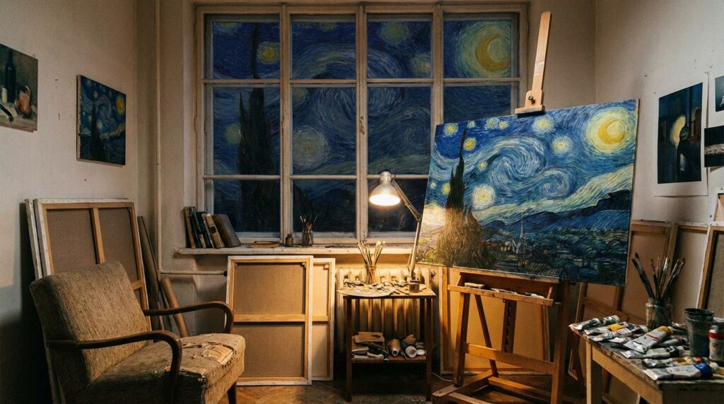 Estudio de artista con cielo estrellado turbulento