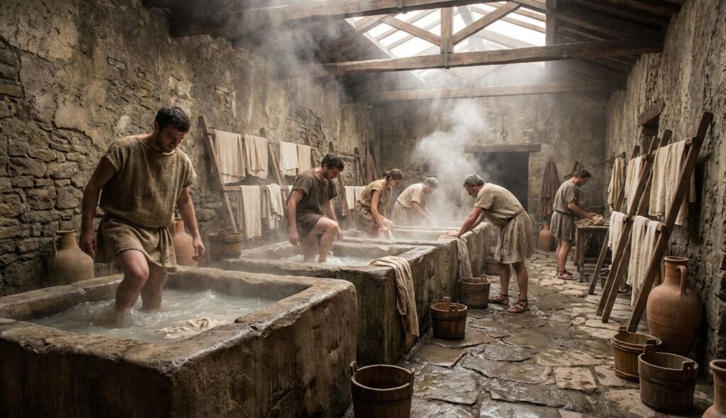 Trabajadores romanos pisando ropa en tinas de piedra en una fullonica