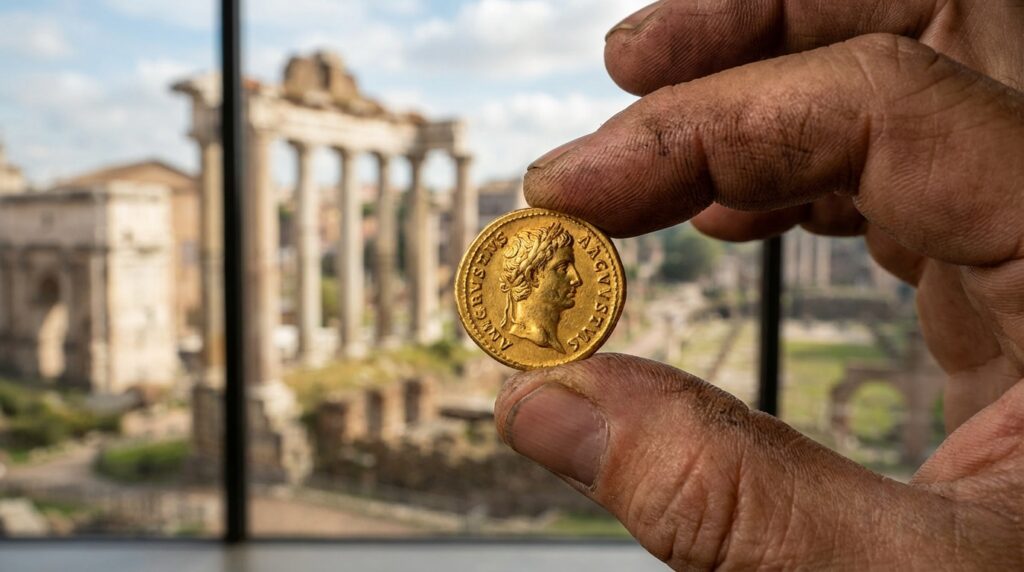 Moneda de oro romana sostenida por dedos con el foro romano de fondo