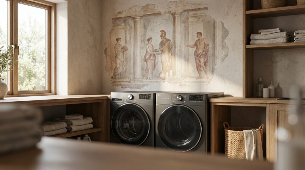 Cuarto de lavado moderno con un mural de la antigua Roma al fondo