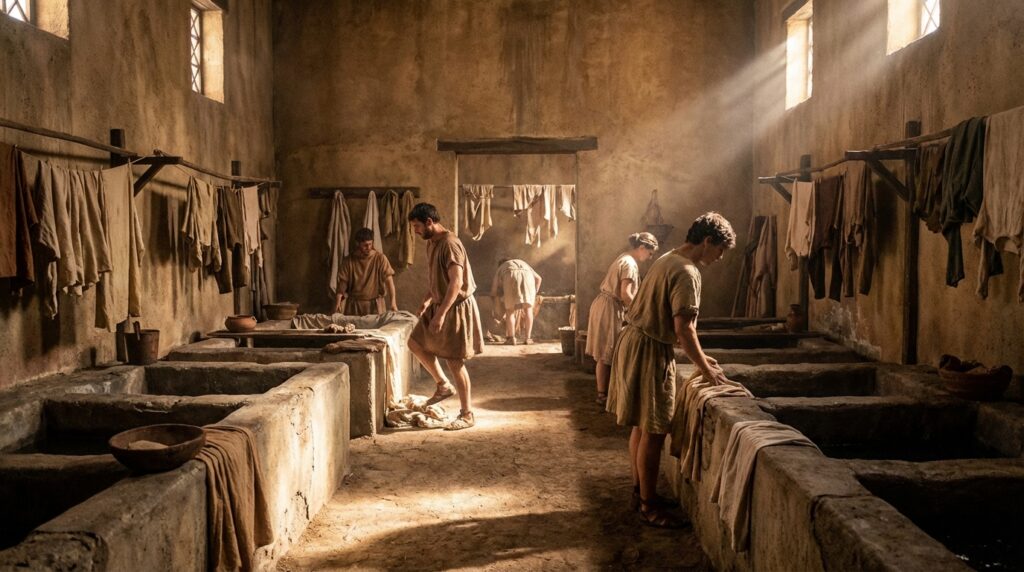Lavandería de la Antigua Roma con luz natural y tinajas de piedra