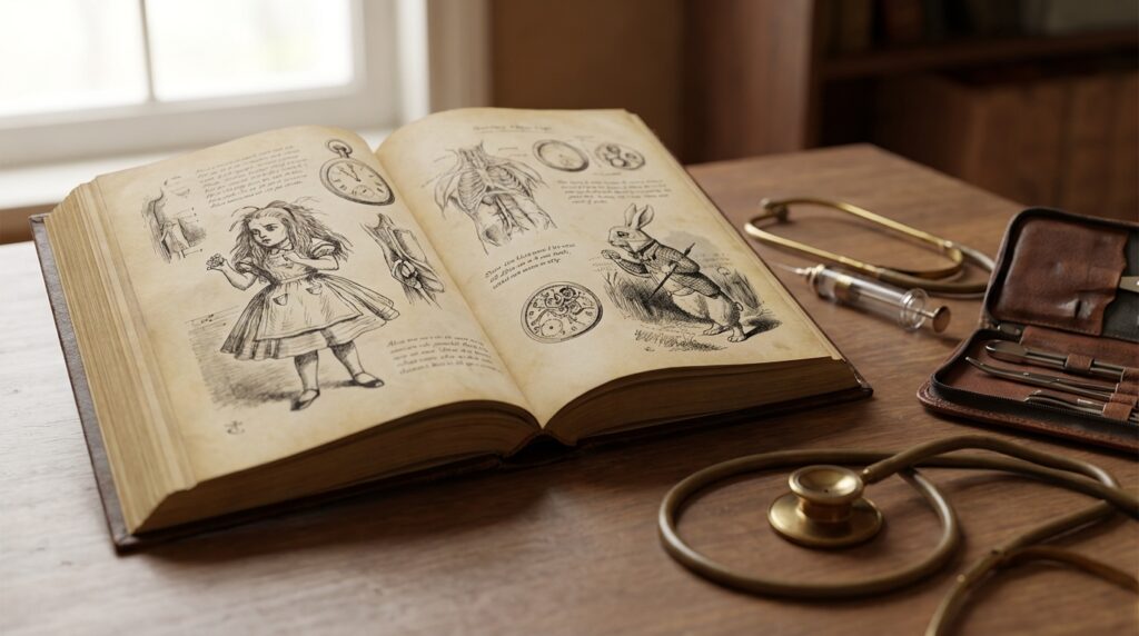 Libro de Alicia en el País de las Maravillas con instrumental médico. Macropsia onírica