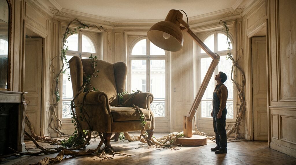 Habitación surrealista con muebles gigantes representando la macropsia