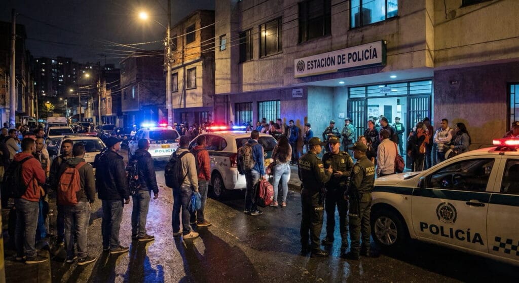 Comisaría latinoamericana de noche con ciudadanos locales y migración venezolana en un contexto de seguridad