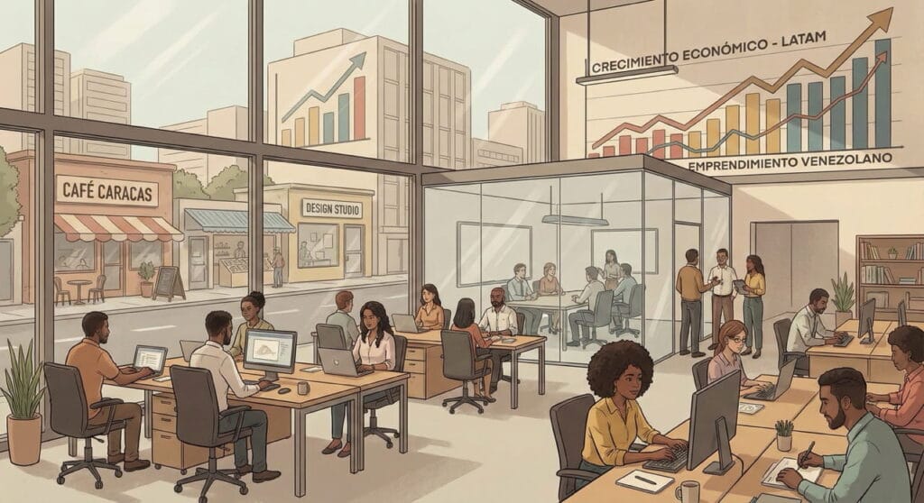 Trabajadores y emprendedores de la migración venezolana impulsando la economía local en oficinas y comercios