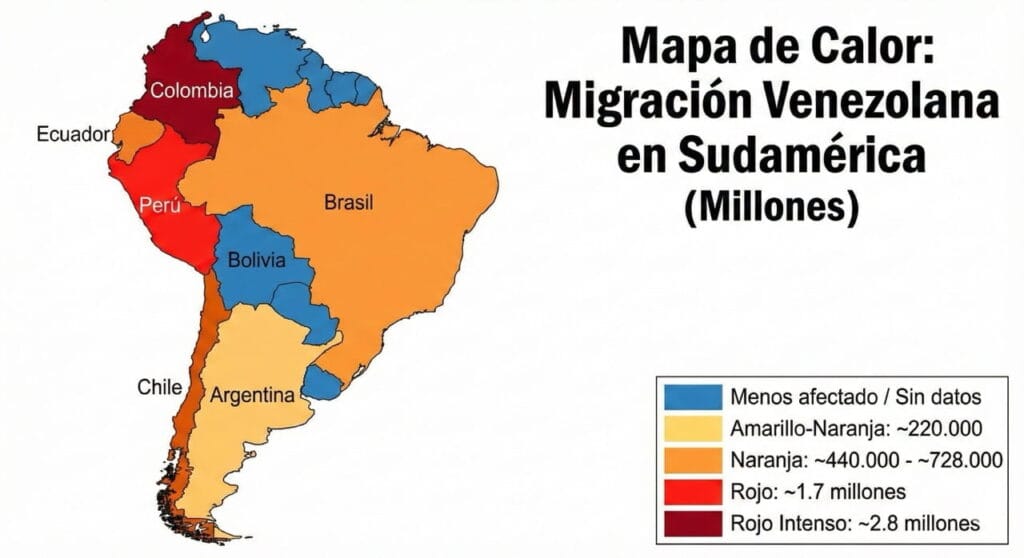 Mapa de calor de Sudamérica que muestra la concentración de migrantes venezolanos, donde los colores más cálidos (rojo intenso) indican una mayor población migrante, siendo Colombia el país más afectado, y los colores fríos (azul) indican menor afectación o falta de datos.