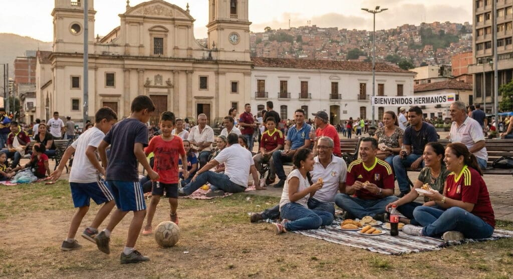 Familias locales y de migración venezolana compartiendo en un parque urbano e integrándose