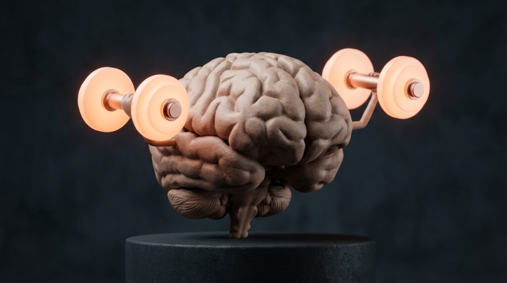 Ilustración conceptual de un cerebro haciendo ejercicio con pesas. crucigramas