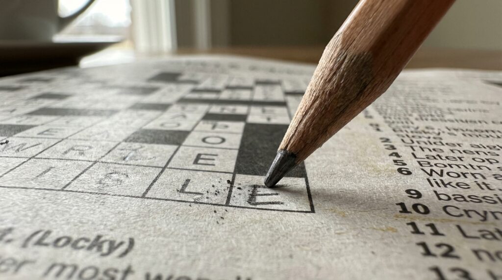 Primer plano de un lápiz completando la última casilla de un crucigrama