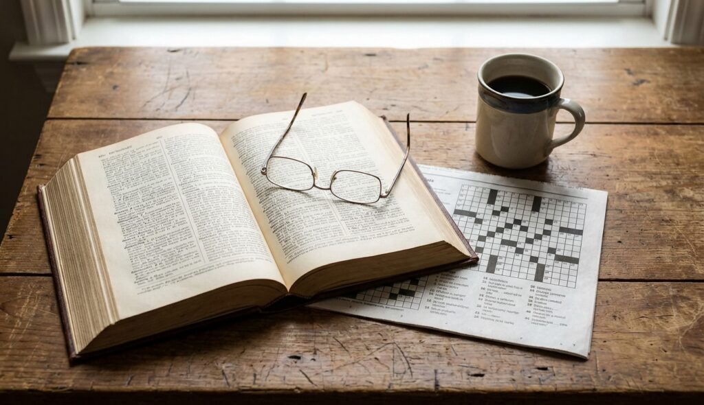 Diccionario y crucigrama sobre un escritorio de madera con luz cálida