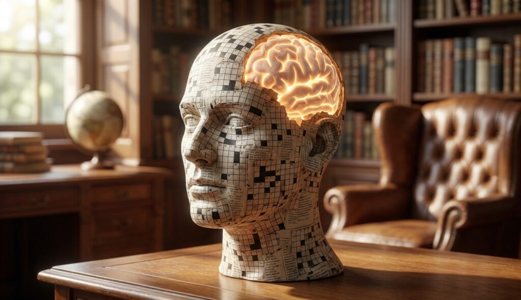 Representación artística de una cabeza humana formada por piezas de crucigrama con un cerebro brillante