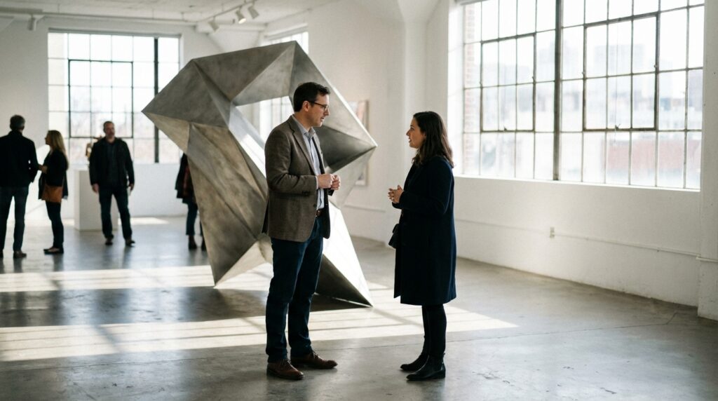 Neuroestética del arte: ¿Por qué nos gusta tanto? 7 Dos personas discutiendo sobre una escultura en una galería de arte