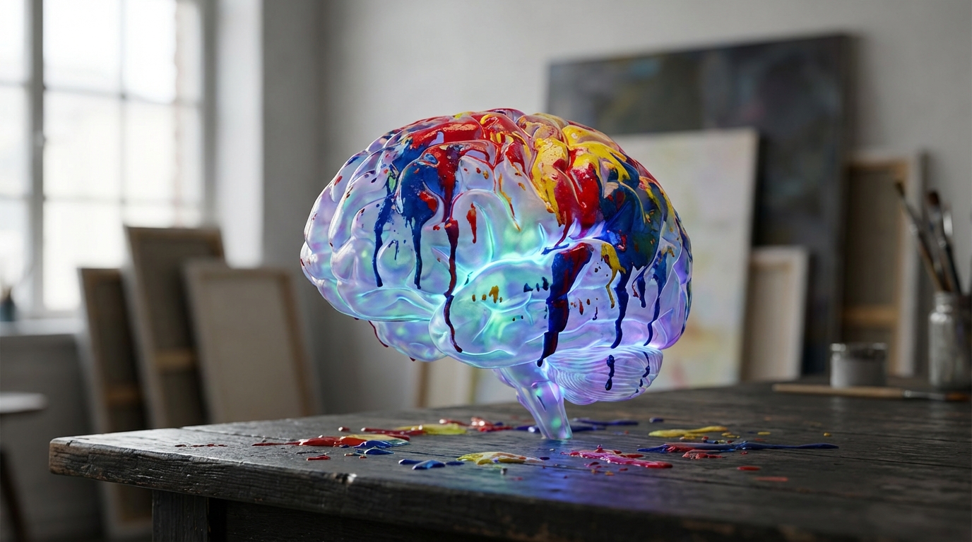 Cerebro humano iluminado con colores artísticos simbolizando la neuroestética del arte