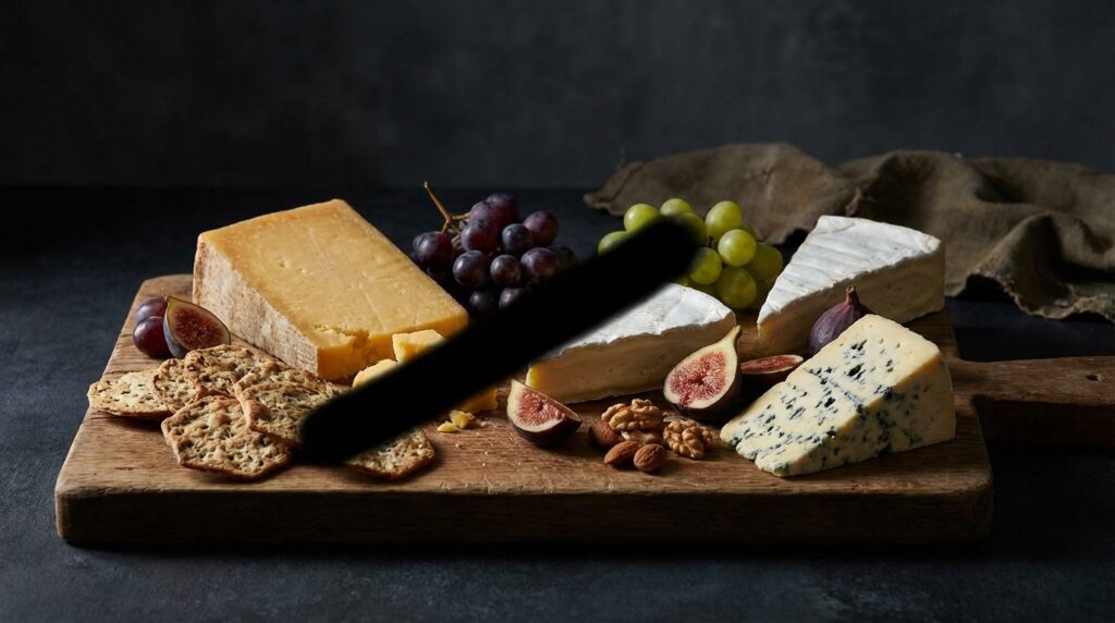 Tabla de quesos con iluminación dramática