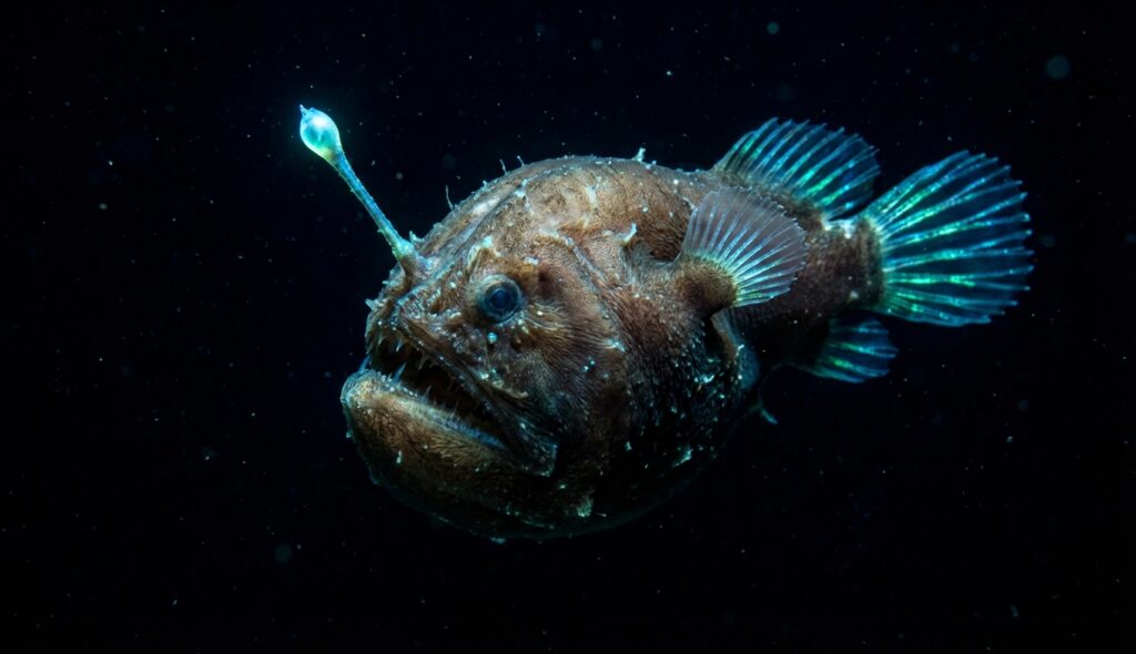 Pez pescador bioluminiscente en la oscuridad
