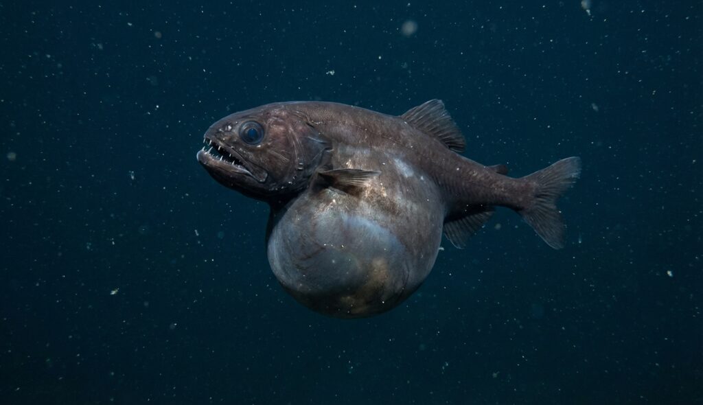 Pez tragón negro con estómago expandido